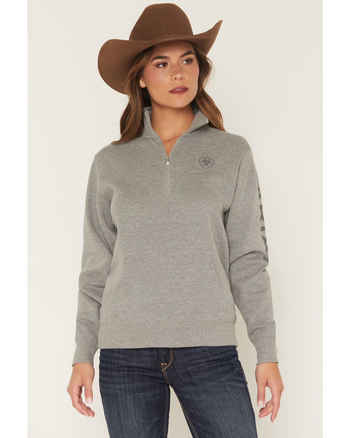 Ariat Women's Logo 1/2 Zip Sweatshirt, Grey, hi-res