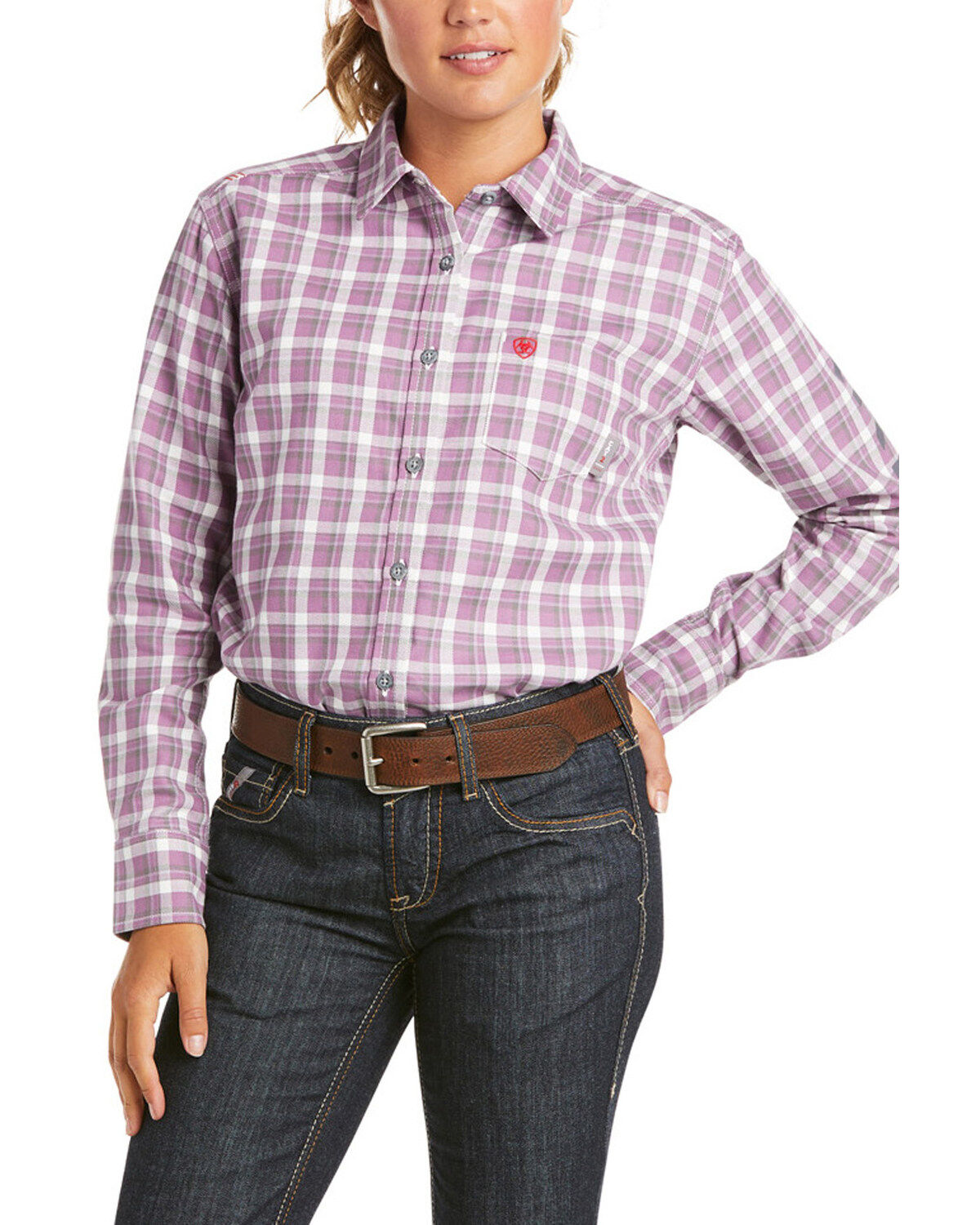 Image #1 - Ariat Women's FR Plaid Print Aja Logo Long Sleeve Button Work Shirt, , hi-res