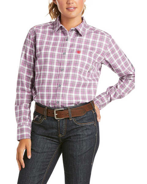 Ariat Women's FR Lavender Plaid Aja Logo Long Sleeve Button Work Shirt , Lavender, hi-res