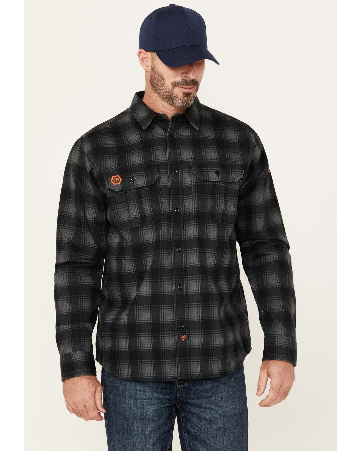 Hawx Men's FR Plaid Print Long Sleeve Button-Down Western Work Shirt, Black, hi-res