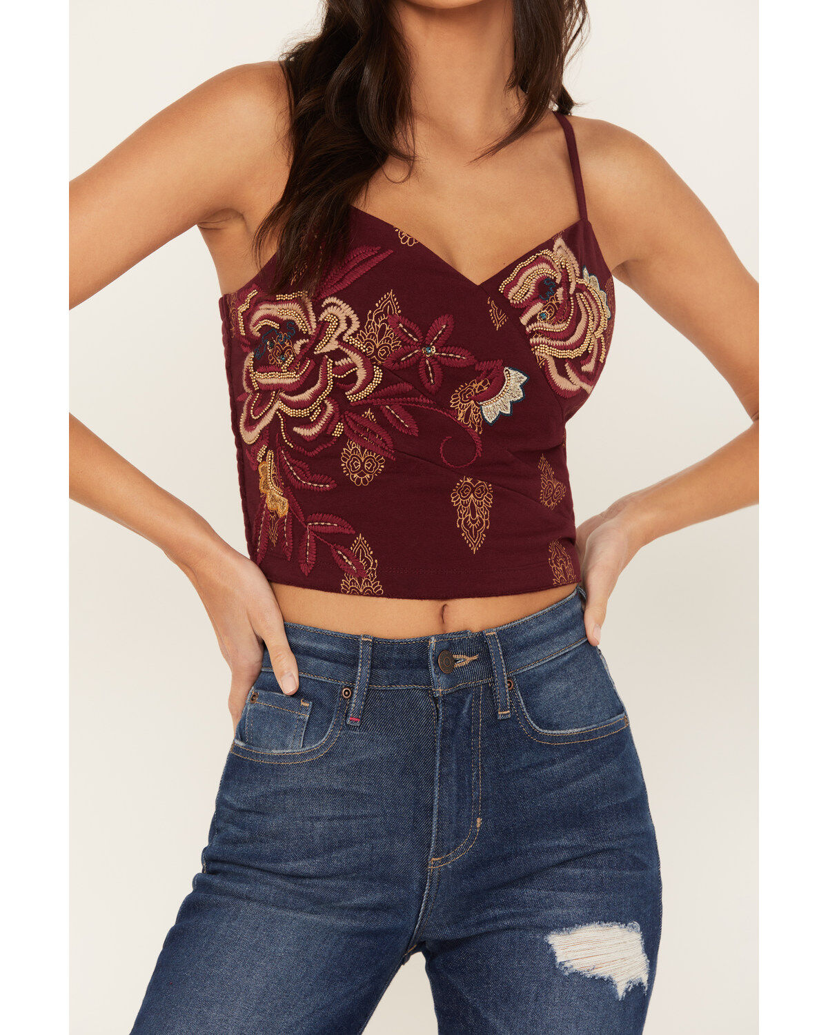 Image #3 - Idyllwind Women's Jessamine Embroidered Smocked Back Crop Top, Maroon, hi-res