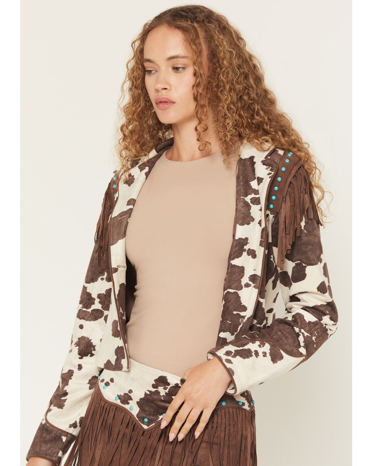 Shyanne Women's Porter Cow Print Faux Suede Embellished Fringe Moto Jacket, Brown, hi-res
