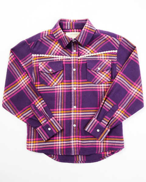Shyanne Toddler Girls' Dark Purple Plaid Embroidered Yoke Long Sleeve Button-Down Western Shirt , Purple, hi-res