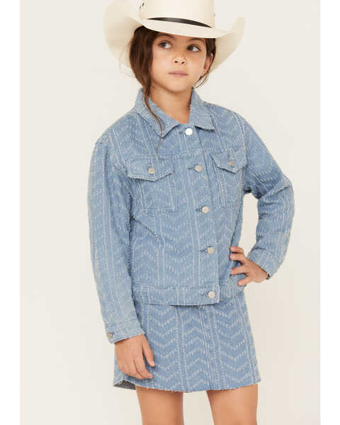 Hayden Girls' Herringbone Textured Denim Jacket, Blue, hi-res
