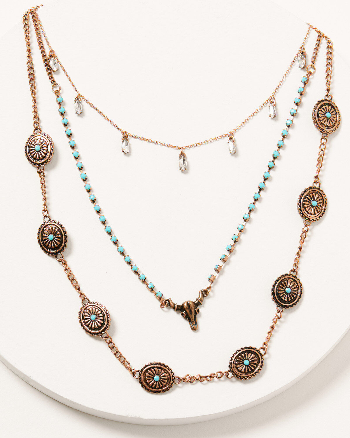 Image #1 - Shyanne Women's 3-layer Copper Concho & Turquoise Beaded Necklace Set, Rust Copper, hi-res