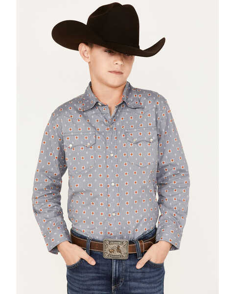 Image #1 - Roper Boys' West Made Geo Print Pearl Snap Western Shirt, Grey, hi-res