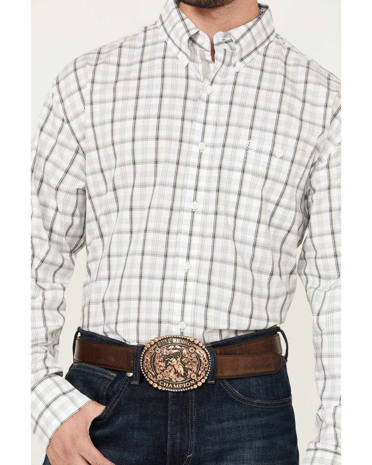 Image #3 - George Strait by Wrangler Men's Plaid Print Long Sleeve Button-Down Stretch Western Shirt, White, hi-res