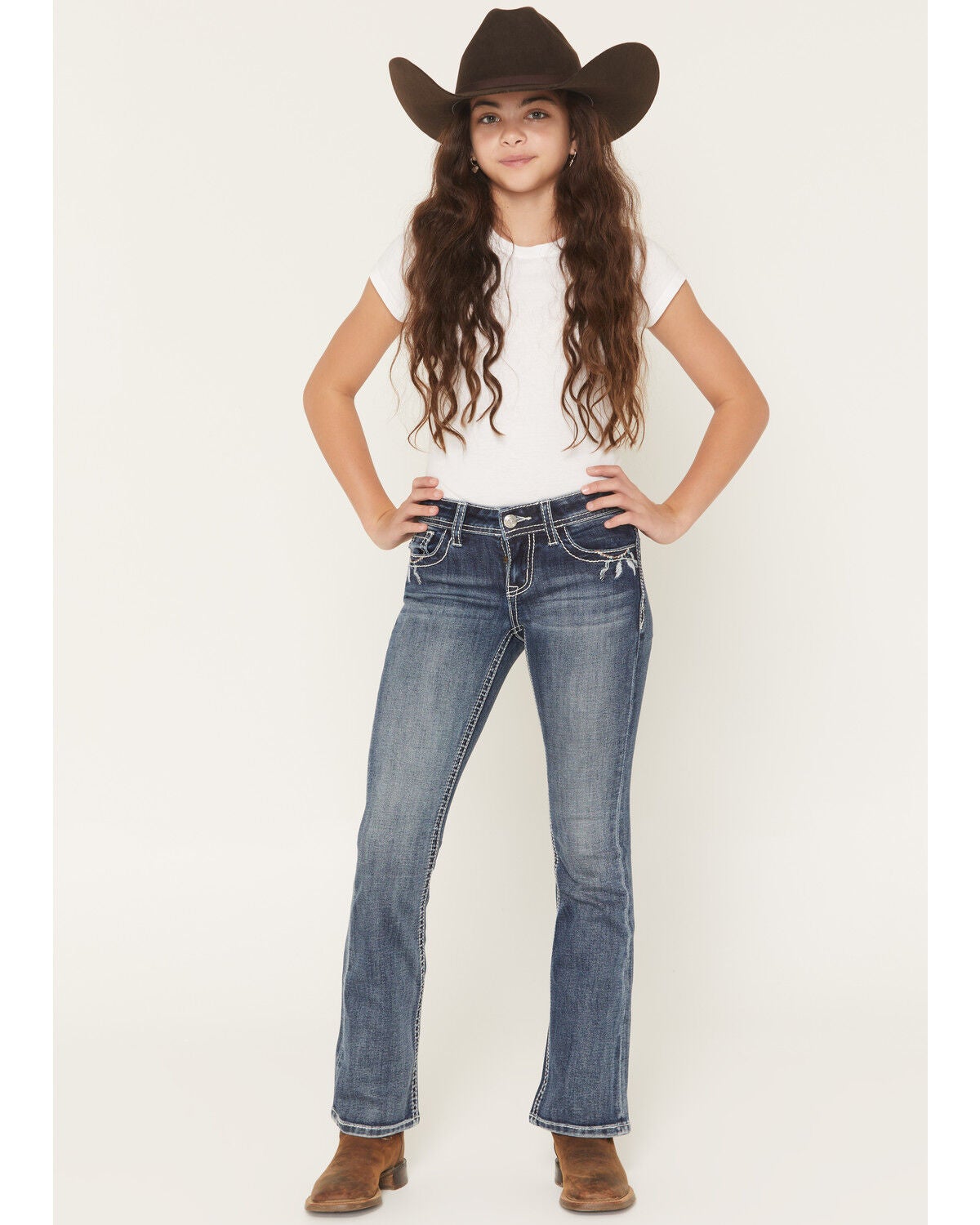 Image #3 - Grace in LA Girls' Dark Wash Dreamcatcher Pocket Bootcut Stretch Denim Jeans, Dark Wash, hi-res