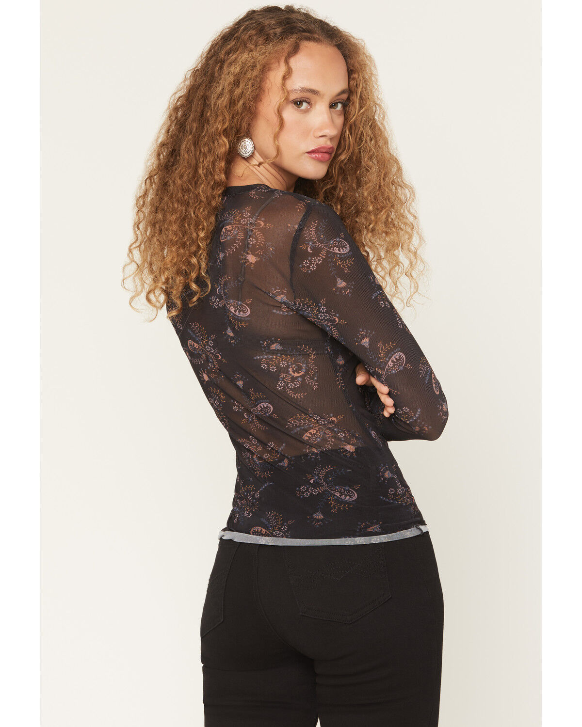 Image #4 - Idyllwind Women's Penny Paisley Print Bell Sleeve Button-Down Mesh Shirt, Black, hi-res