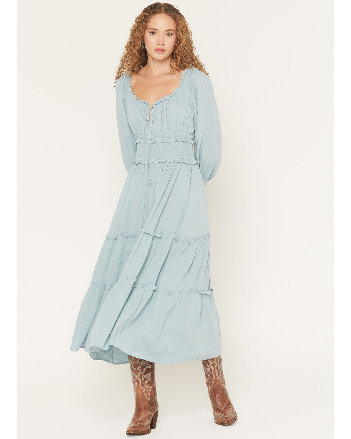 Image #1 - Wild Moss Women's Solid Jacquard Smocked Waist Midi Dress, Blue, hi-res