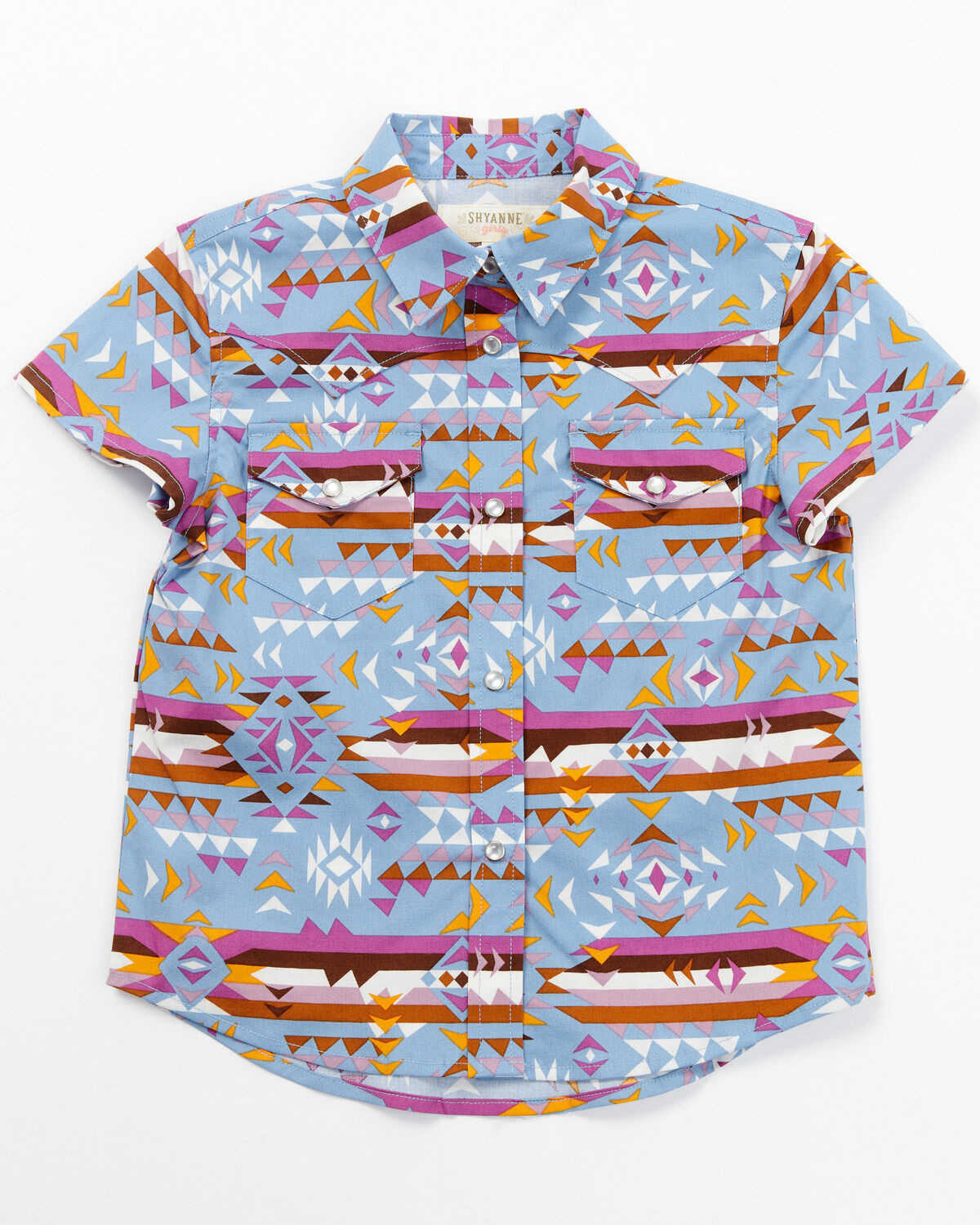 Image #1 - Shyanne Toddler Girls' Southwestern Print Short Sleeve Pearl Snap Western Shirt, Blue, hi-res