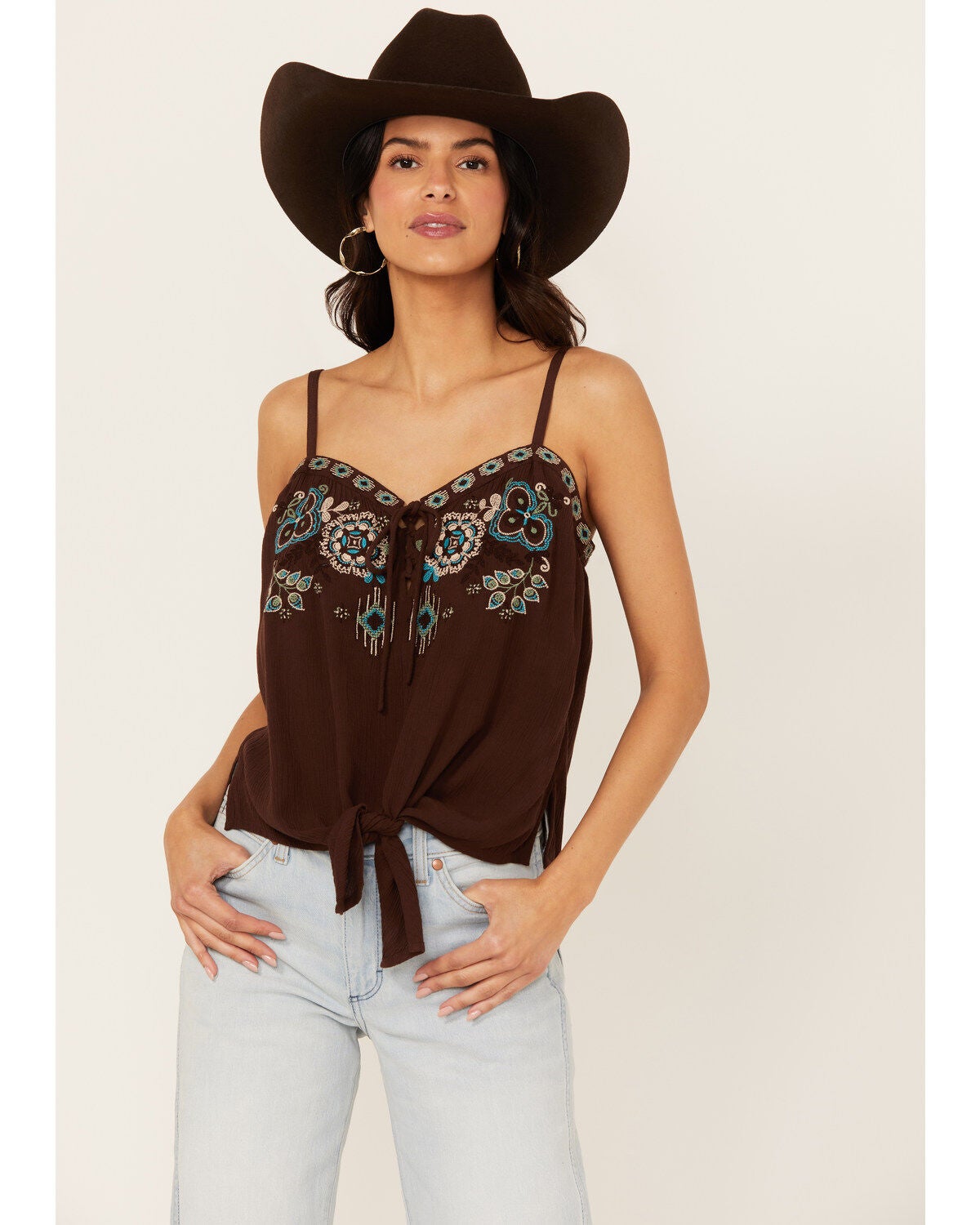 Shyanne Women's Embroidered Tie Front Tank, Dark Brown, hi-res