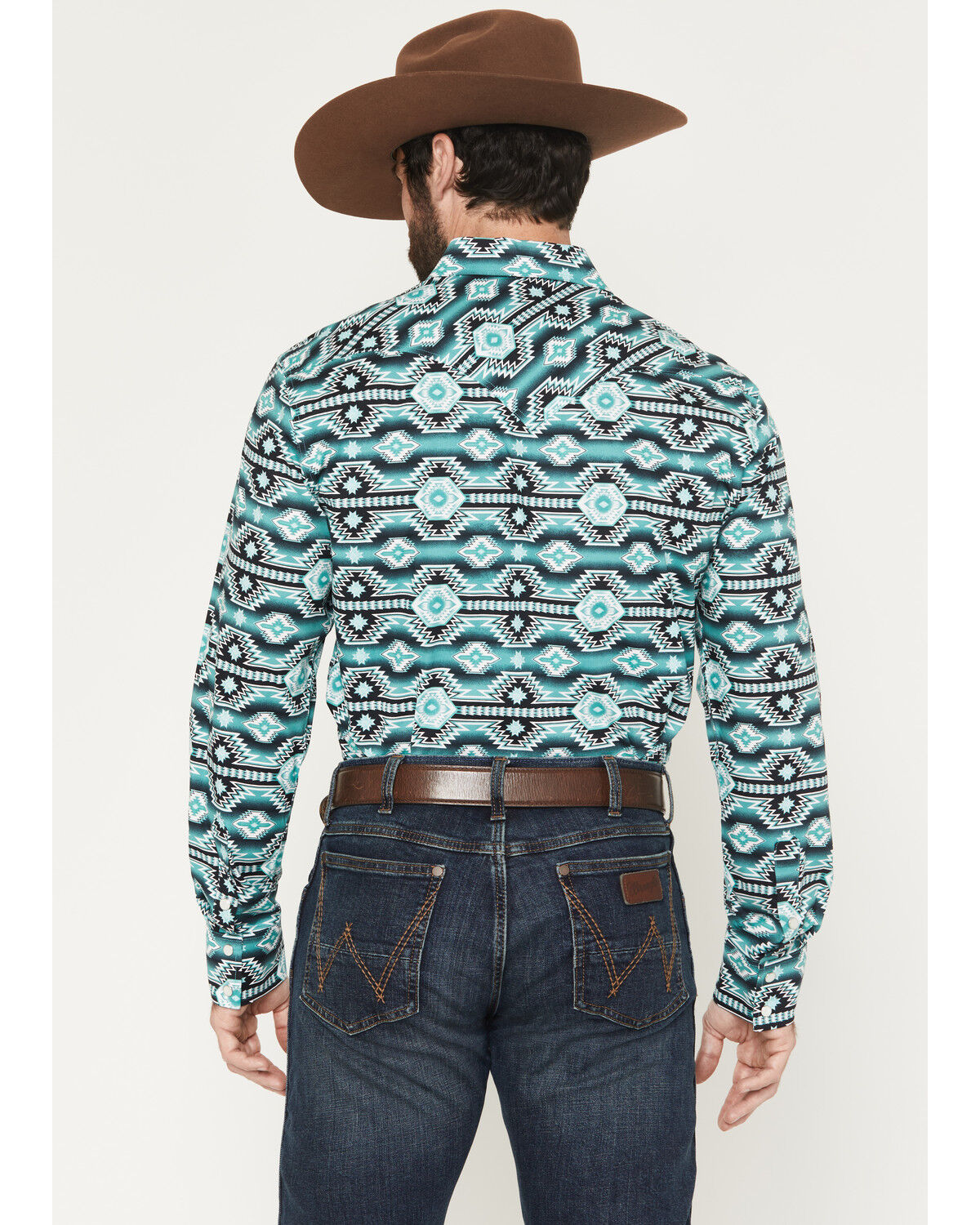 Image #4 - Rock & Roll Denim Men's Southwestern Print Long Sleeve Snap Stretch Western Shirt, Teal, hi-res