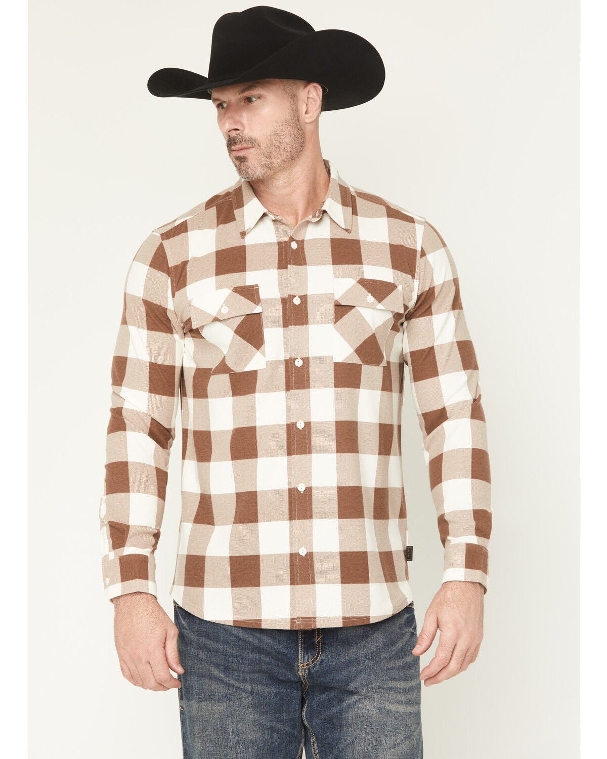 Brothers and Sons Men's Kent Double Knit Plaid Print Long Sleeve Button-Down Stretch Western Shirt, Brown, hi-res