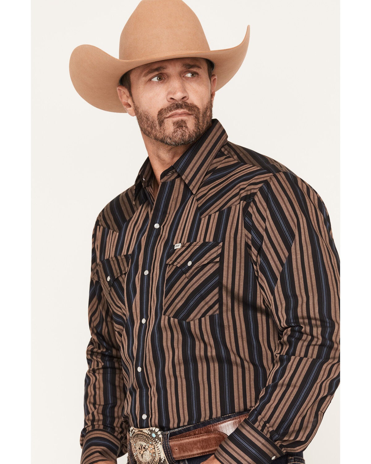 Image #2 - Ely Walker Men's Striped Long Sleeve Pearl Snap Western Shirt, Black, hi-res