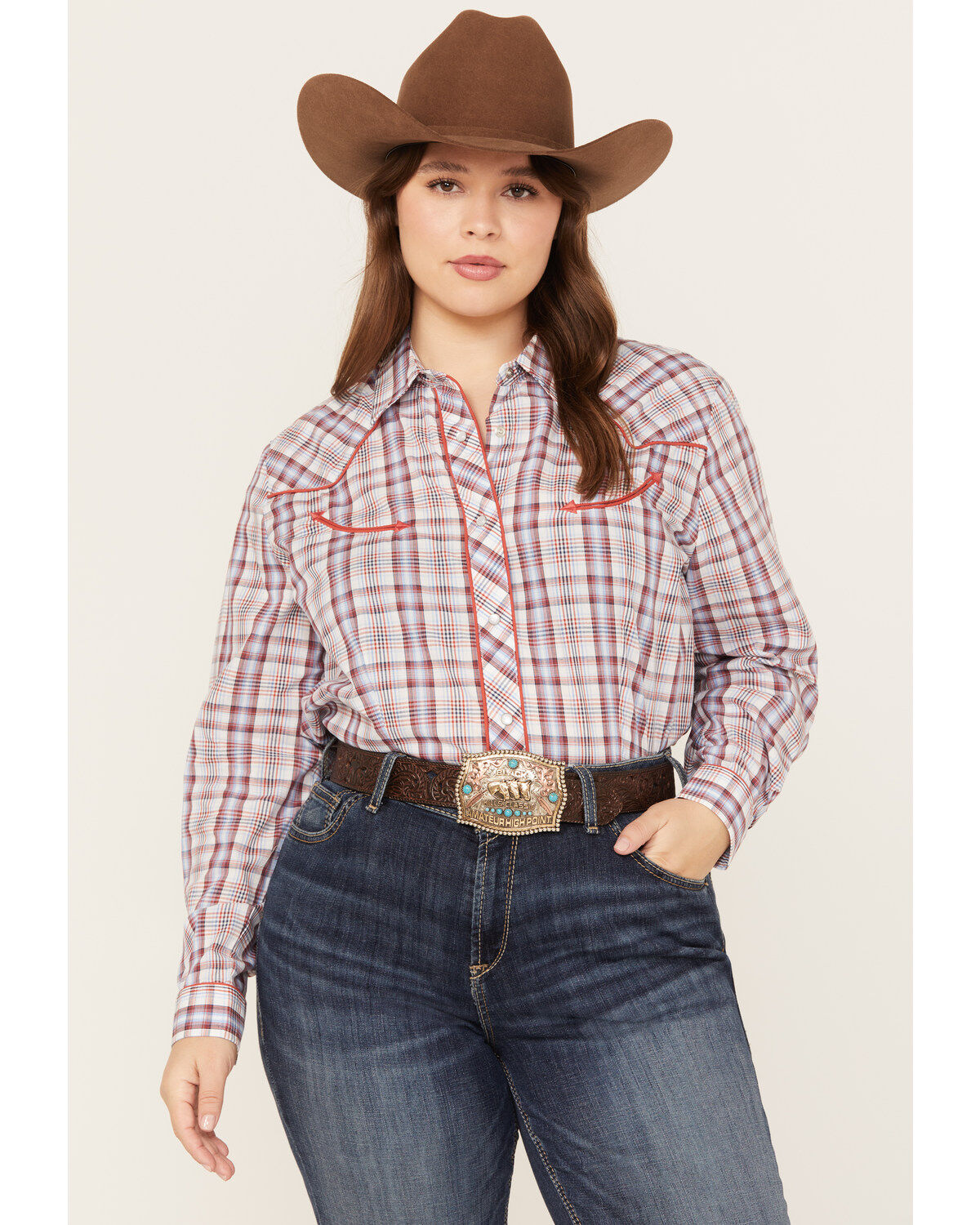 Image #1 - Roper Women's Plaid Print Long Sleeve Pearl Snap Western Shirt - Plus, , hi-res