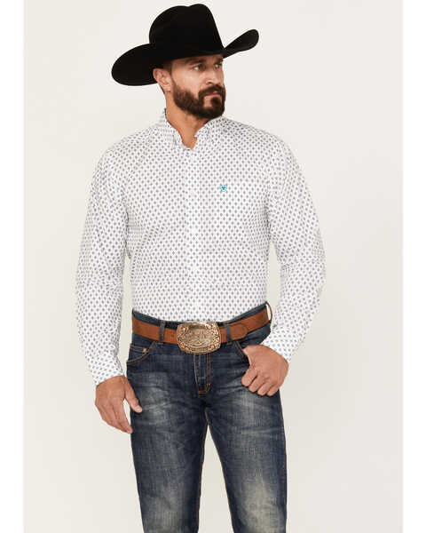 Ariat Men's Boone Geo Print Long Sleeve Button-Down Western Shirt, White, hi-res