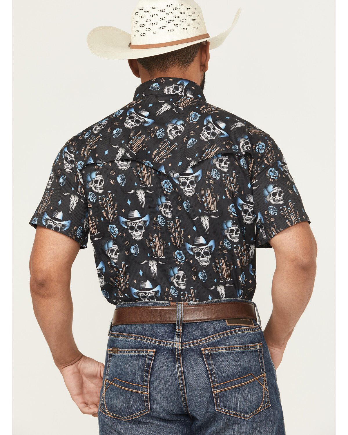 Image #4 - Rock & Roll Denim Men's TEK Skull Print Short Sleeve Snap Western Shirt, Charcoal, hi-res