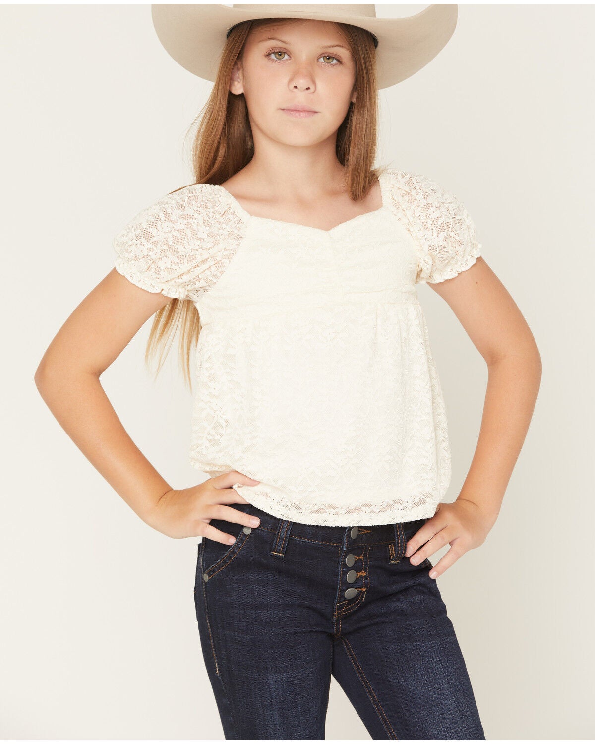 Sugar California Girls' Emma Solid Lace Short Sleeve Shirt, Ivory, hi-res