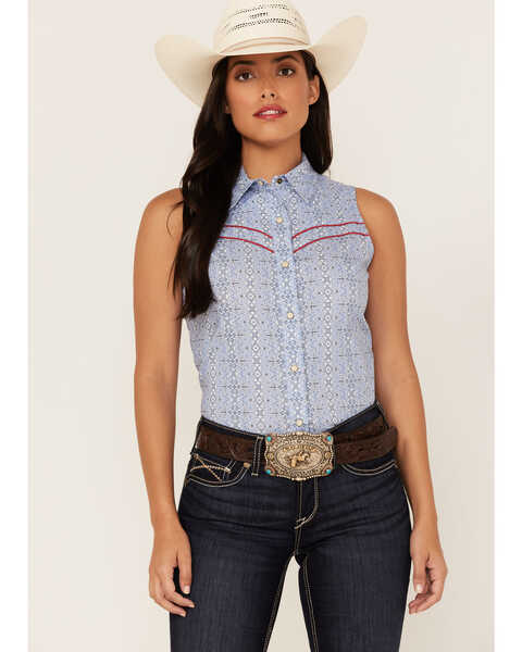 Rock & Roll Denim Women's Tile Print Sleeveless Snap Western Core Shirt, Blue, hi-res