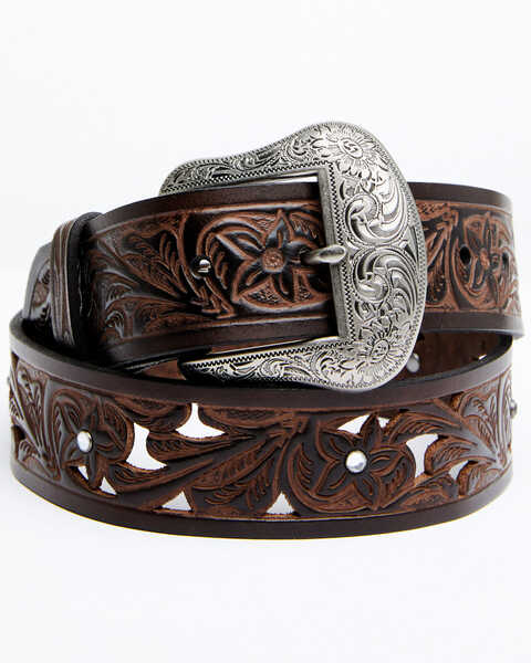 Shyanne Women's Brown Filigree & Floral Cutout Tooled Leather Belt, Brown