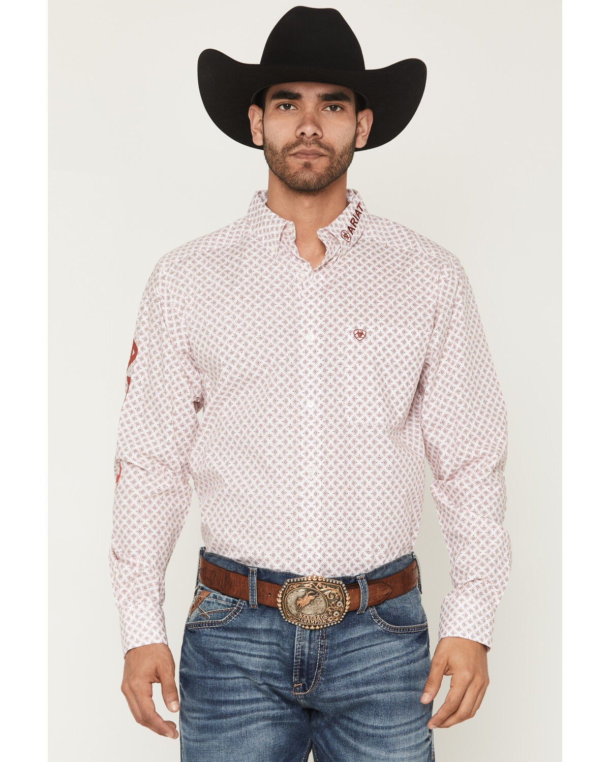 Ariat Men's Team Donovan Feather Print Long Sleeve Button-Down Western Shirt, White, hi-res