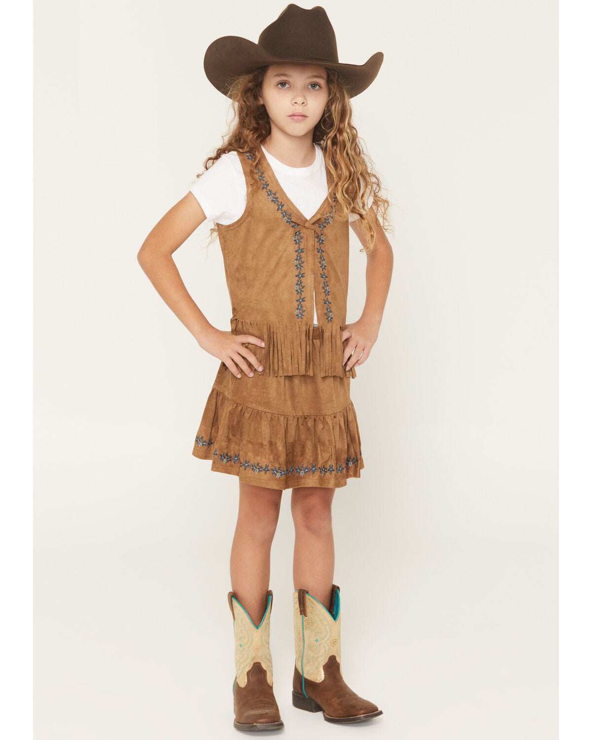 Shyanne Girls' Embroidered Faux Suede Fringe Vest, Coffee, hi-res