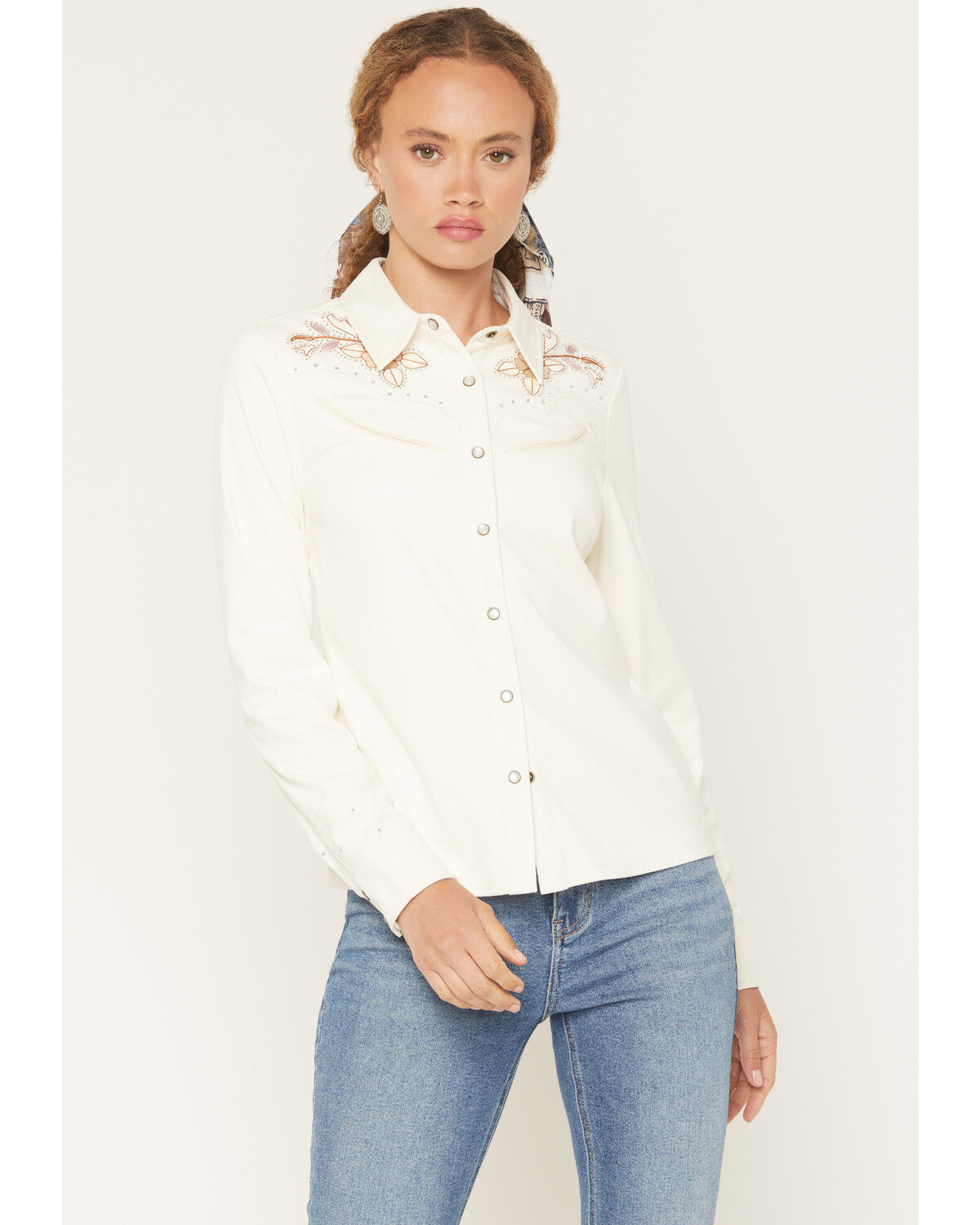 Image #1 - Idyllwind Women's Randy Embroidered Faux Suede Long Sleeve Snap Western Shirt, White, hi-res