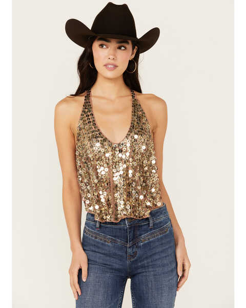 Free People Women's All That Glitters Tank , Gold, hi-res