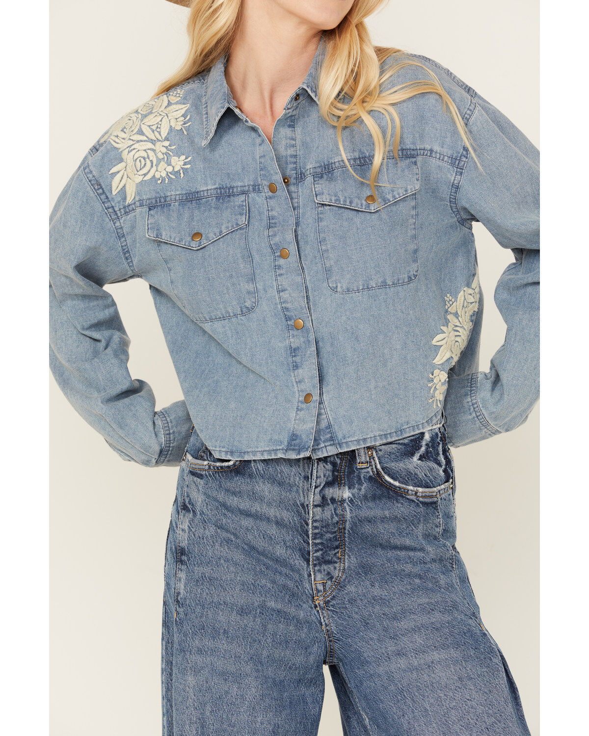 Image #2 - Cleo + Wolf Women's Medium Wash Cropped Denim Shirt, Medium Wash, hi-res