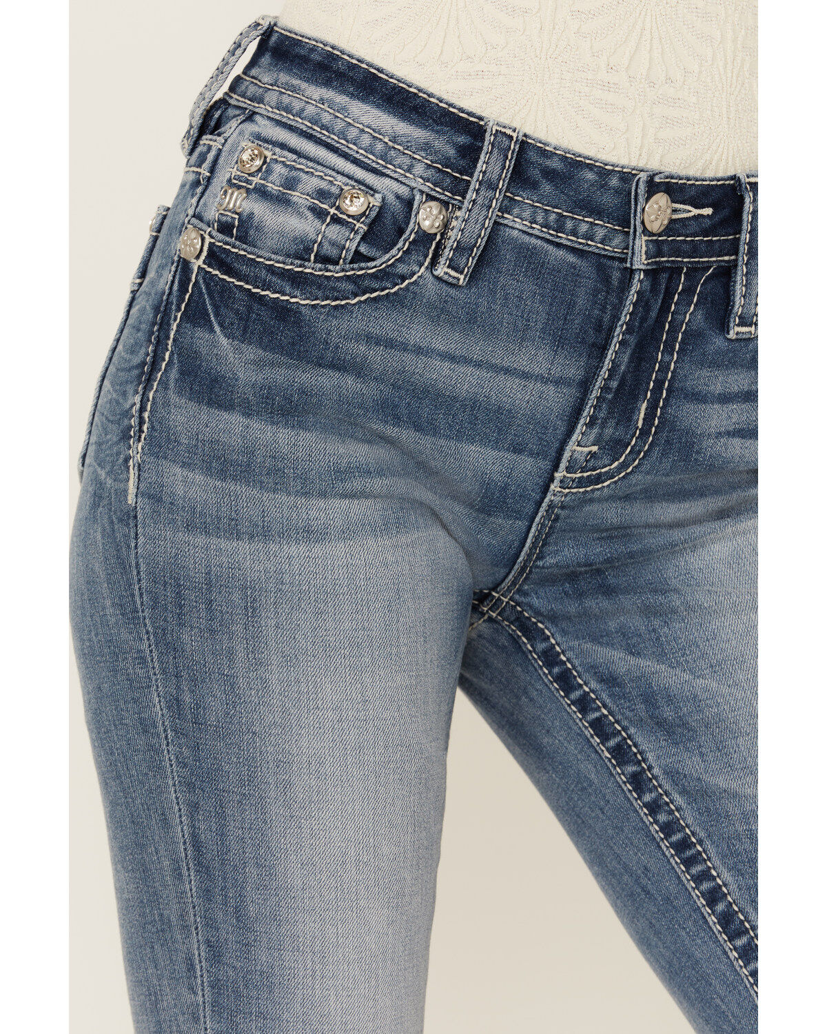 Product Name:  Miss Me Women's Medium Wash Mid Rise Americana Pocket Bootcut Stretch Denim Jeans