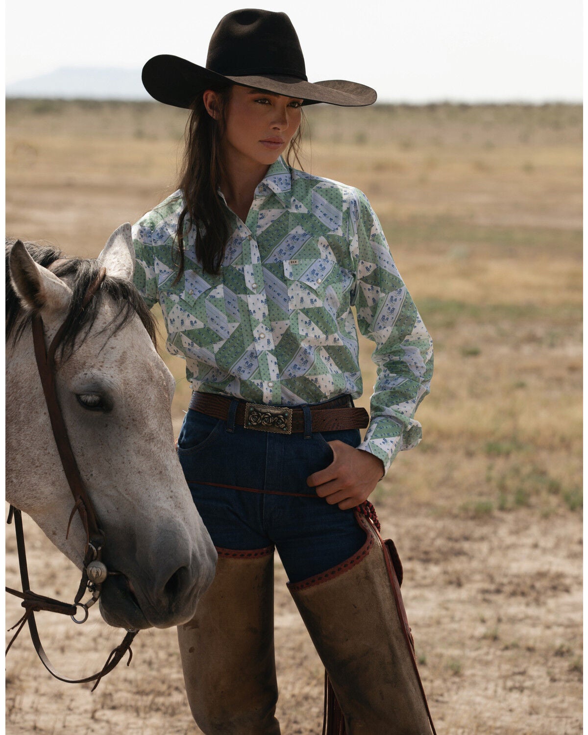 Cowboygirl by Jenna Paulette Women's Patchwork Print Long Sleeve Pearl Snap Western Shirt, Green, hi-res
