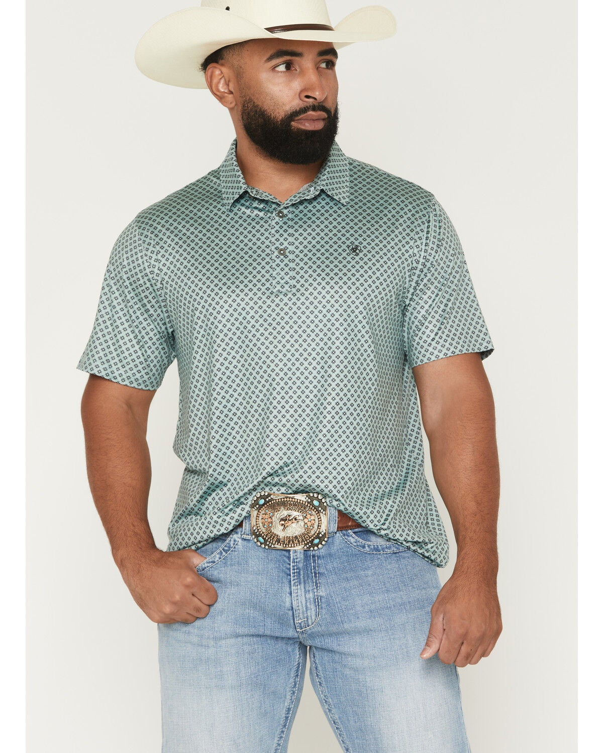 Image #1 - Ariat Men's Fitted Micro Geo Print Short Sleeve Polo, Green, hi-res