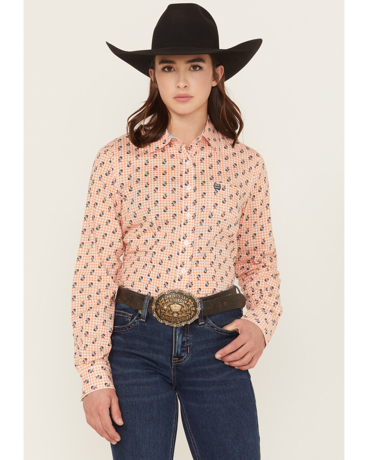 Cinch Women's Plaid Print Palm Tree Long Sleeve Button-Down Stretch Western Shirt, Orange, hi-res