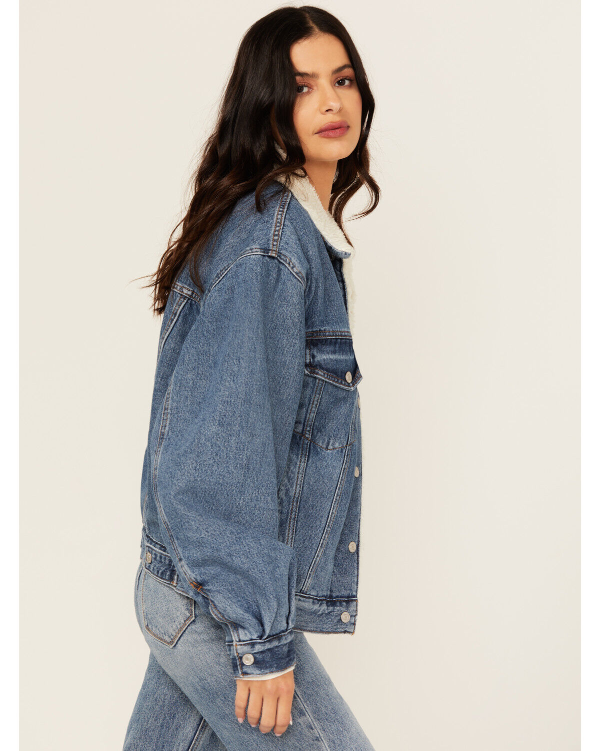 Image #2 - Levi's Women's Medium Wash Sherpa Lined Trucker Denim Jacket, Blue, hi-res