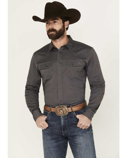 Blue Ranchwear Men's Rustler Solid Twill Long Sleeve Snap Western Work Shirt , Charcoal, hi-res