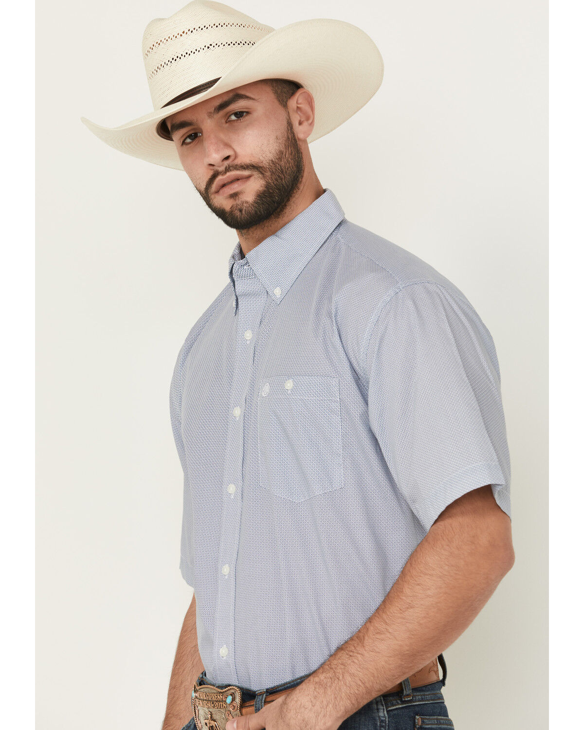 Image #2 - Wrangler Men's Geo Print Short Sleeve Button-Down Stretch Western Shirt, Blue, hi-res