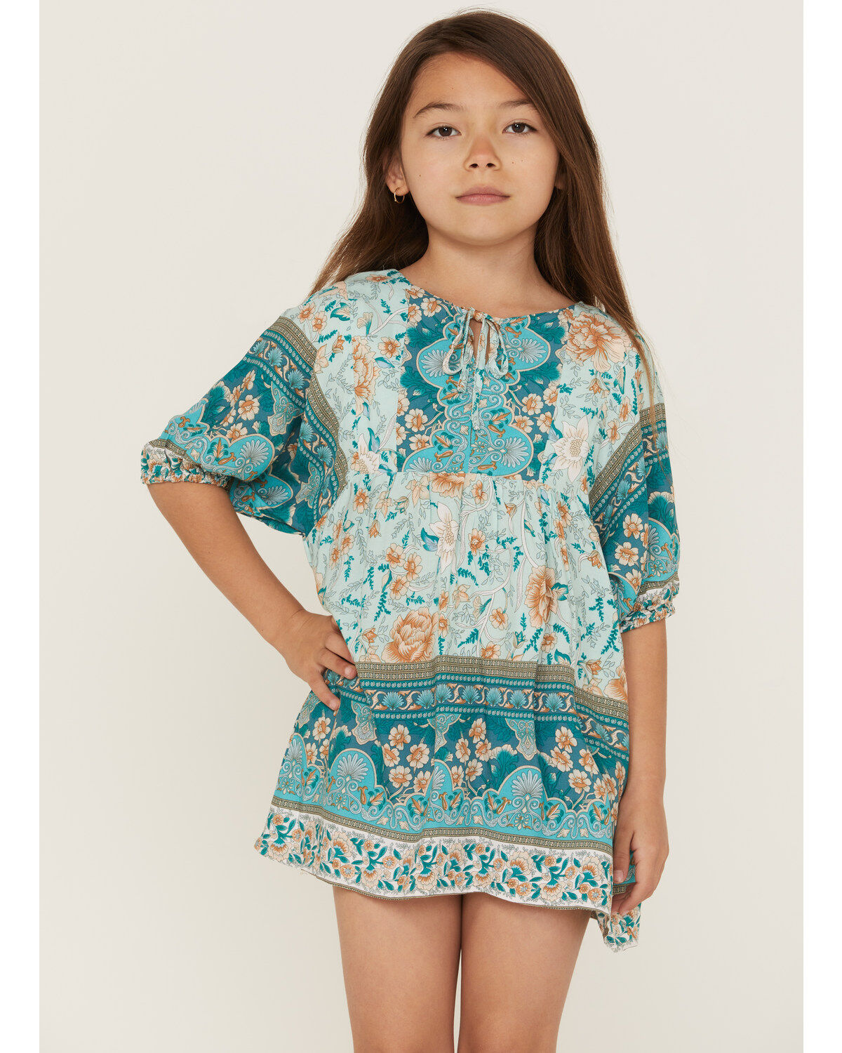 Image #1 - Hayden Girls' Border Print Tunic Mini Dress, Turquoise, hi-res