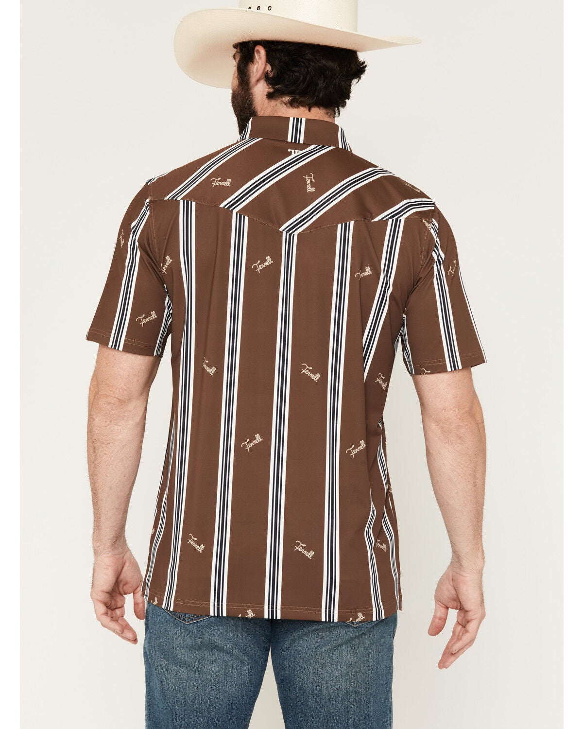 Image #4 - Ferrell Men's Rhett Striped Print Short Sleeve Snap Stretch Polo Shirt, Brown, hi-res