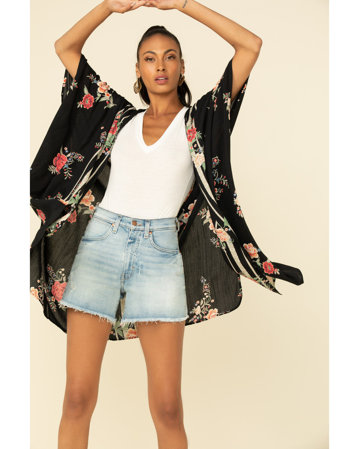 Image #2 - Angie Women's Black Floral Border Print Kimono , , hi-res
