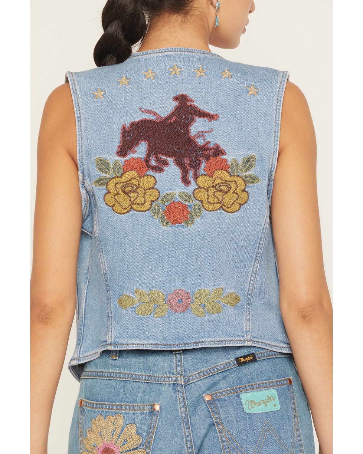 Image #3 - Wrangler X Lainey Wilson Women's Bull Riding Embroidered Button-Down Denim Vest, Blue, hi-res