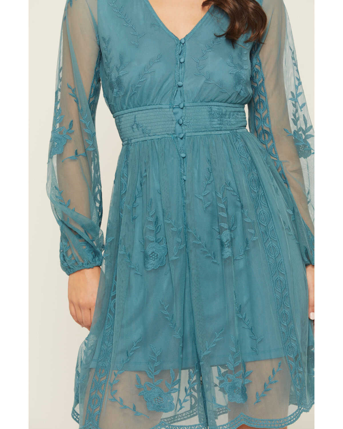 Product Name:  Shyanne Women's Embroidered Mesh Long Sleeve Button Front Mini Dress