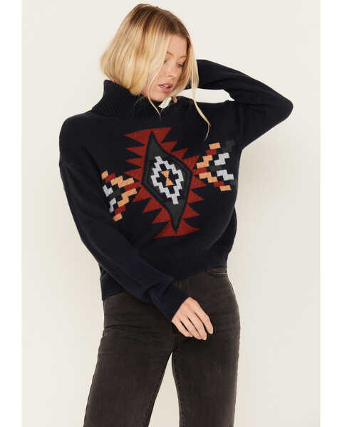 Rock & Roll Denim Women's Southwestern Knit Turtleneck Sweater, Navy, hi-res