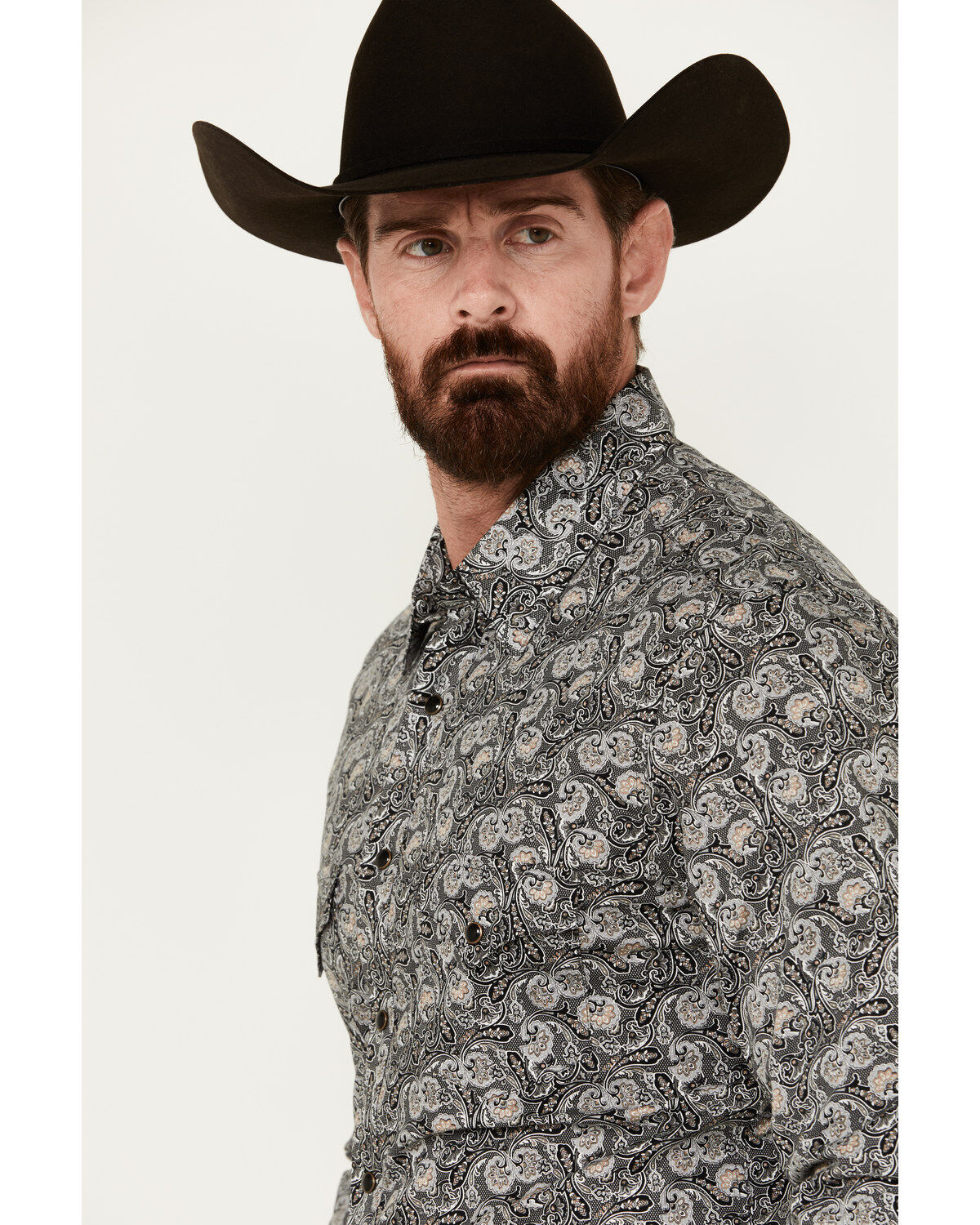 Image #2 - Rock & Roll Denim Men's Paisley Print Long Sleeve Pearl Snap Stretch Western Shirt, Black, hi-res
