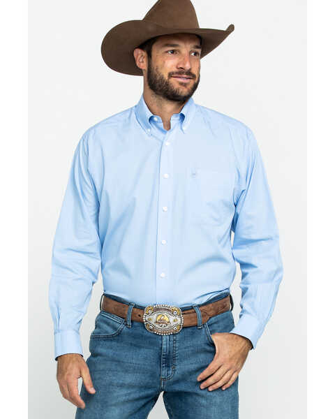 Ariat Men's Wrinkle Free Solid Long Sleeve Button Down Western Shirt , Light Blue, hi-res