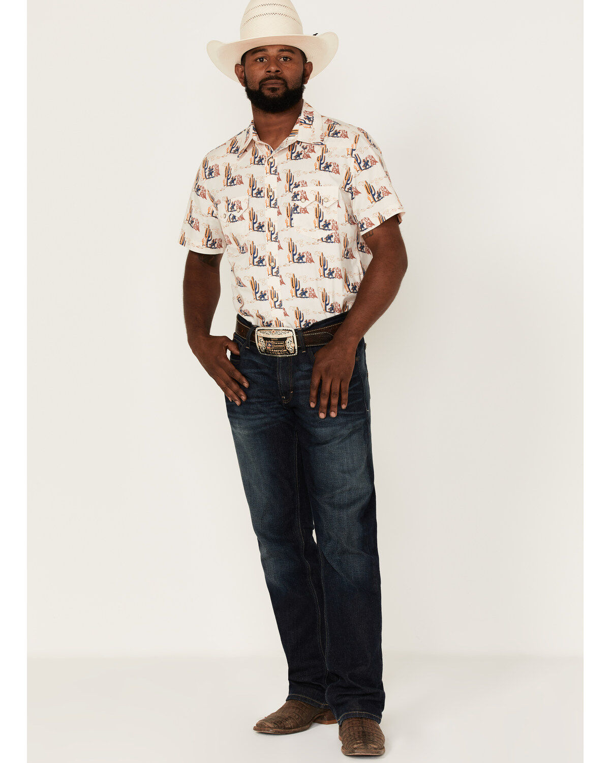 Image #2 - Rock & Roll Denim Men's Desert Conversational Print Short Sleeve Snap Western Shirt, Natural, hi-res