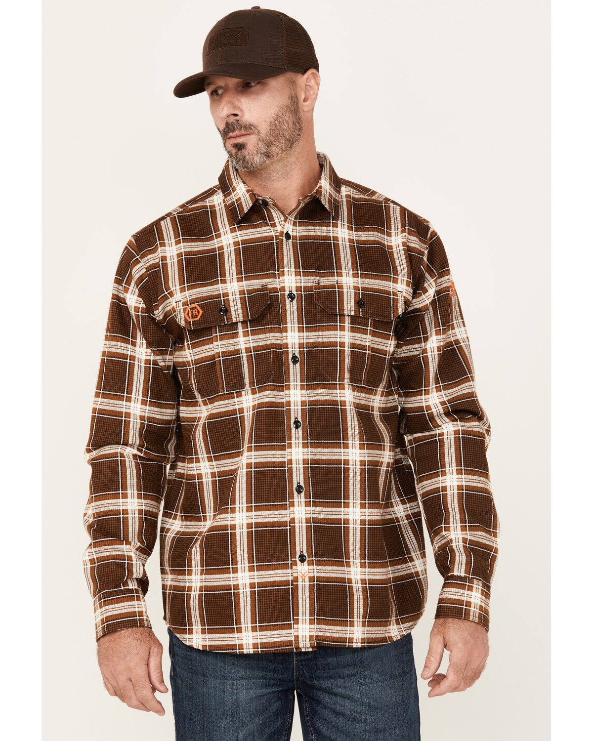 Hawx Men's FR Plaid Print Long Sleeve Button-Down Western Work Shirt, Brown, hi-res
