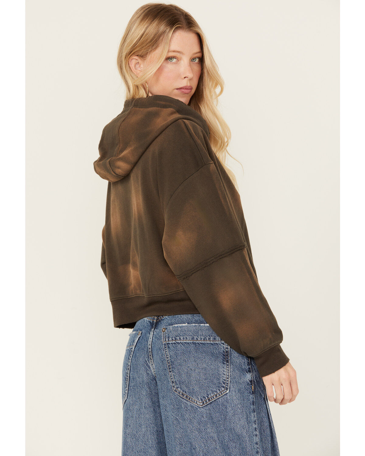 Image #4 - Cleo + Wolf Women's Bleached Deconstructed Whiskey Cropped Hoodie, Chocolate, hi-res