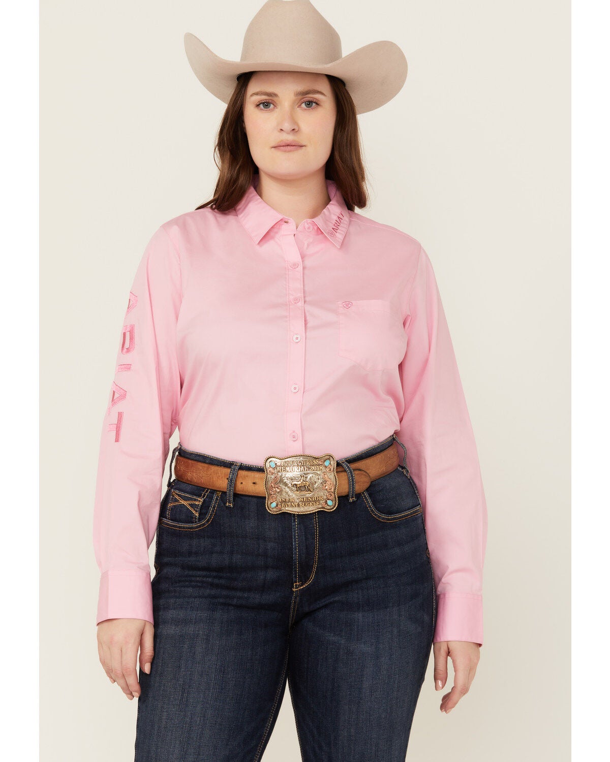 Ariat Women's Team Kirby Long Sleeve Button-Down Stretch Western Shirt - Plus, Pink, hi-res