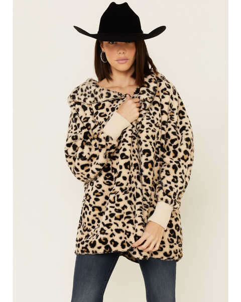 Hem & Thread Women's Tan Leopard Print Sherpa Lined Hooded Jacket , Tan, hi-res